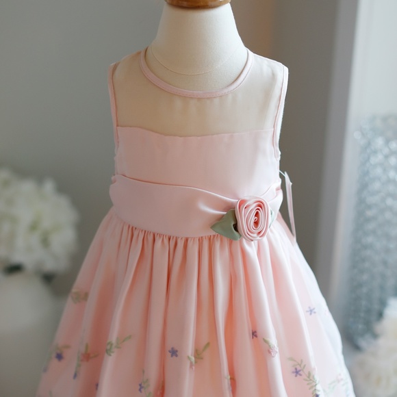 Girls Spring Special Occasion Pink Satin Dress w/ Floral Embroidery tulle size 3 - Picture 4 of 5